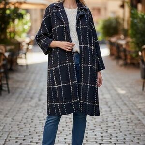 Halogen Navy Plaid Trench Coat